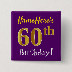 Bóton Quadrado 5.08cm Roxo, Faux Dourado 60º Aniversário, Com Nome Per