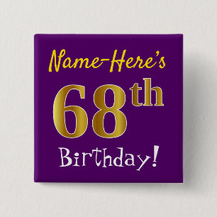 Bóton Quadrado 5.08cm Roxo, Faux Dourado 68º Aniversário, Com Nome Perso