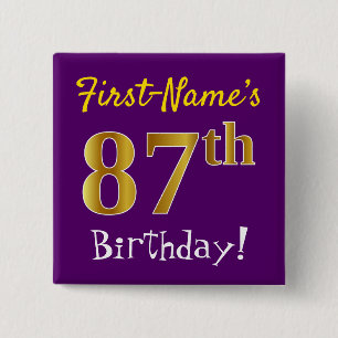 Bóton Quadrado 5.08cm Roxo, Faux Dourado 87.º Aniversário, Com Nome Pers