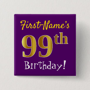 Bóton Quadrado 5.08cm Roxo, Faux Dourado 99º Aniversário, Com Nome Per