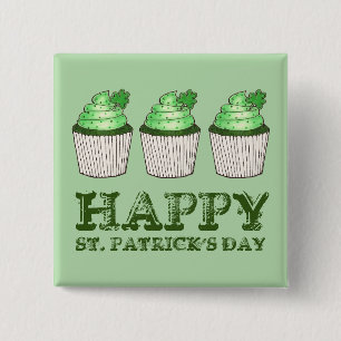 Bóton Quadrado 5.08cm Rua Feliz, Cupcake de Shamrock Verde do Dia de Pat