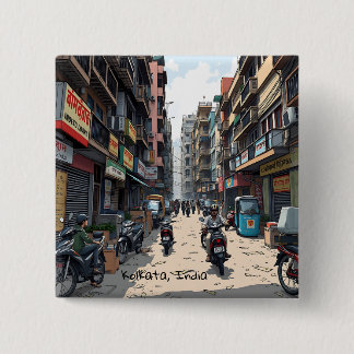 Bóton Quadrado 5.08cm Rua Ocupada de Kolkata centro, Índia