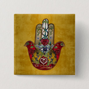 Bóton Quadrado 5.08cm Rubis Romã Coração Vermelho Pássaro Hamsa