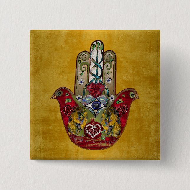 Bóton Quadrado 5.08cm Ruby Pomegranate Heart Bird Hamsa (Frente)