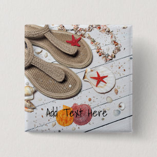 Bóton Quadrado 5.08cm Sandálias, conchas e Starfish na praia