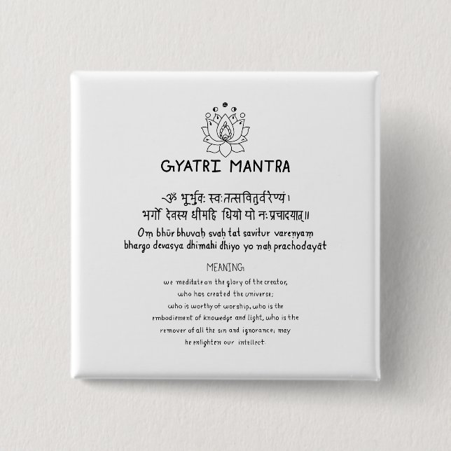 Bóton Quadrado 5.08cm Sanskrit Gyatri Mantra (Frente)