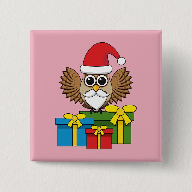 Bóton Quadrado 5.08cm Santa Claus Owl com Presentes (Frente)