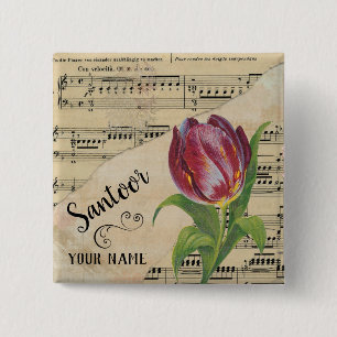 Bóton Quadrado 5.08cm Santoor Tulip Vintage Sheet Music Personalizada