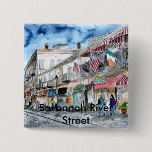 Bóton Quadrado 5.08cm savannah_river_street_painting, Savannah River…