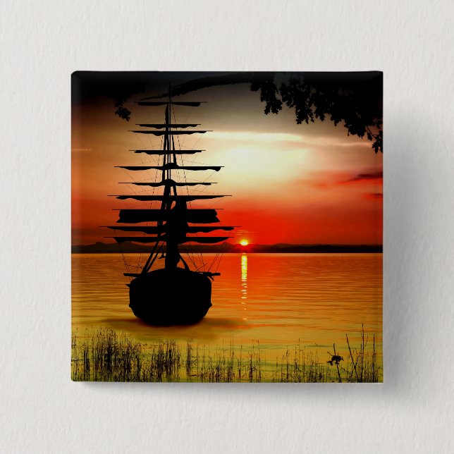 Bóton Quadrado 5.08cm Schiff mit Sonnenuntergang Button (Frente)