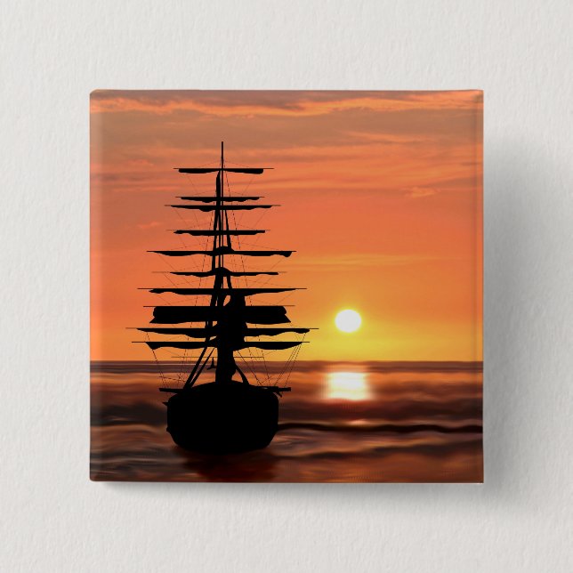 Bóton Quadrado 5.08cm Schiff mit Sonnenuntergang Button (Frente)