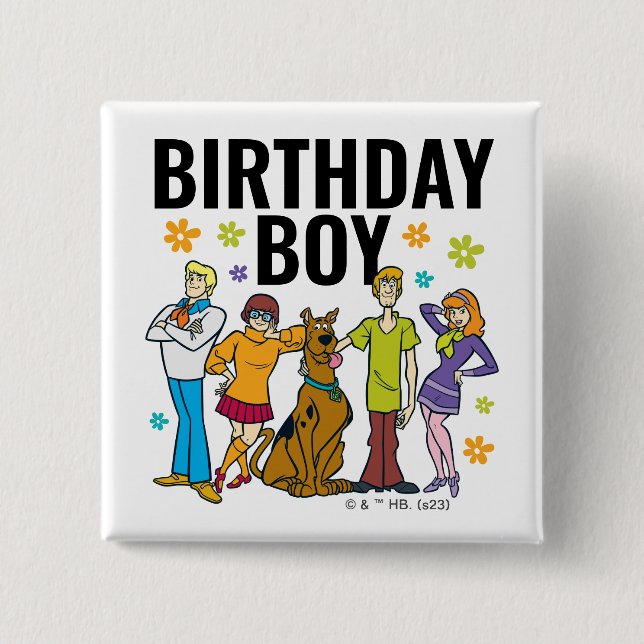 Bóton Quadrado 5.08cm Scooby-Doo e Gang Birthday Boy (Frente)