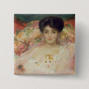 Bóton Quadrado 5.08cm Senhora com um gato, 1904