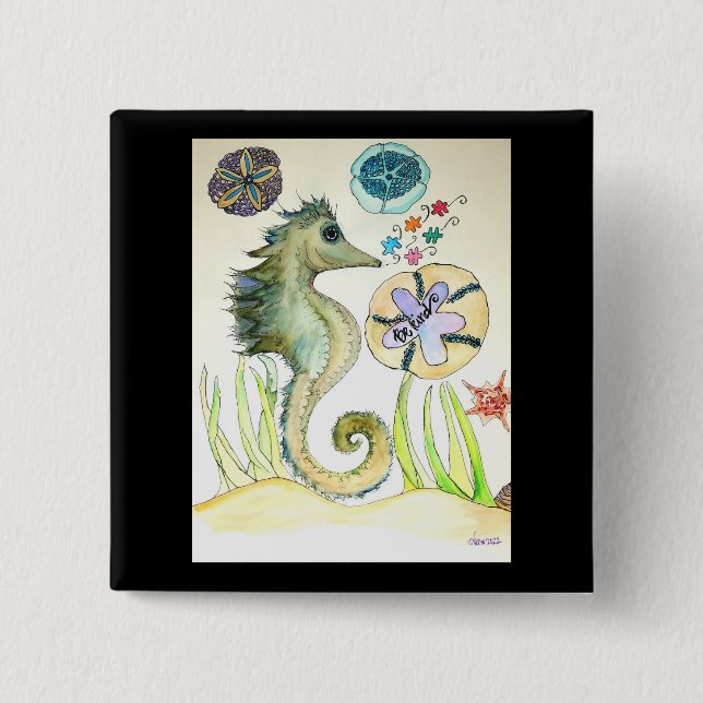 Bóton Quadrado 5.08cm Ser Kind d'água: Seacavalo e quebra-cabeça (Frente)