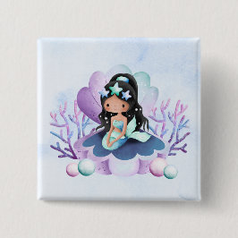 Bóton Quadrado 5.08cm Sereia Mágica | Aniversário Aquarela