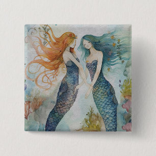 Bóton Quadrado 5.08cm Sereias em Aquarela
