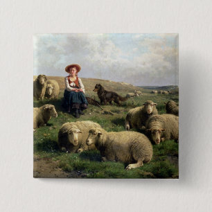 Bóton Quadrado 5.08cm Shepherdess com carneiros em uma paisagem