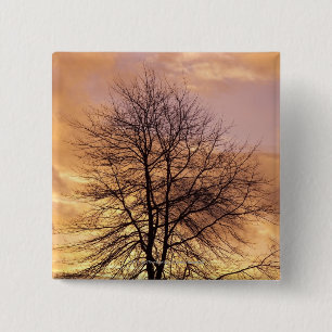 Bóton Quadrado 5.08cm Silhueta de uma árvore com o céu cor-de-rosa e