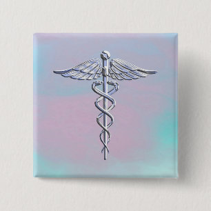 Bóton Quadrado 5.08cm Silver Caduceus - Símbolo Médico - Decoração da Mã