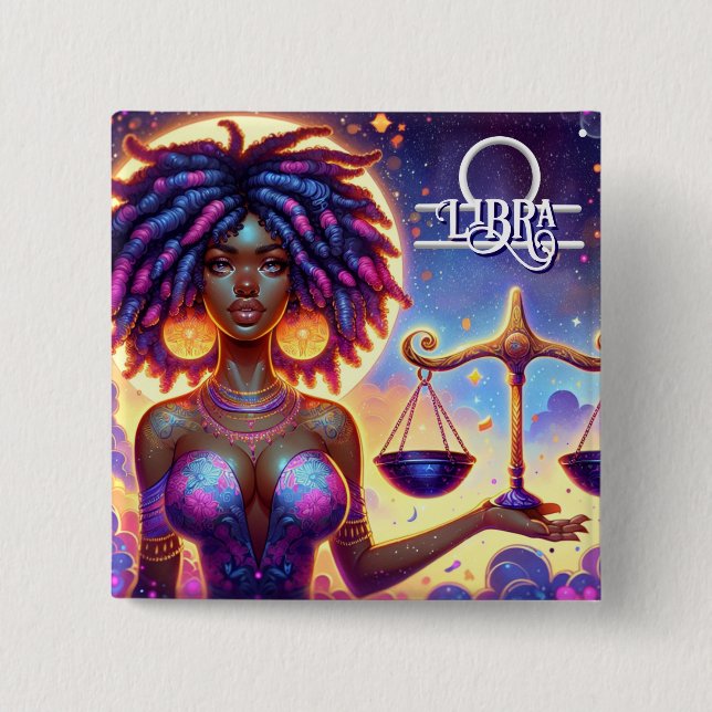 Bóton Quadrado 5.08cm Símbolo astrológico do horóscopo Libra Zodiac (Frente)