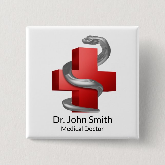Bóton Quadrado 5.08cm Símbolo Cruz Médica Vermelha Cobra prata serpente (Frente)