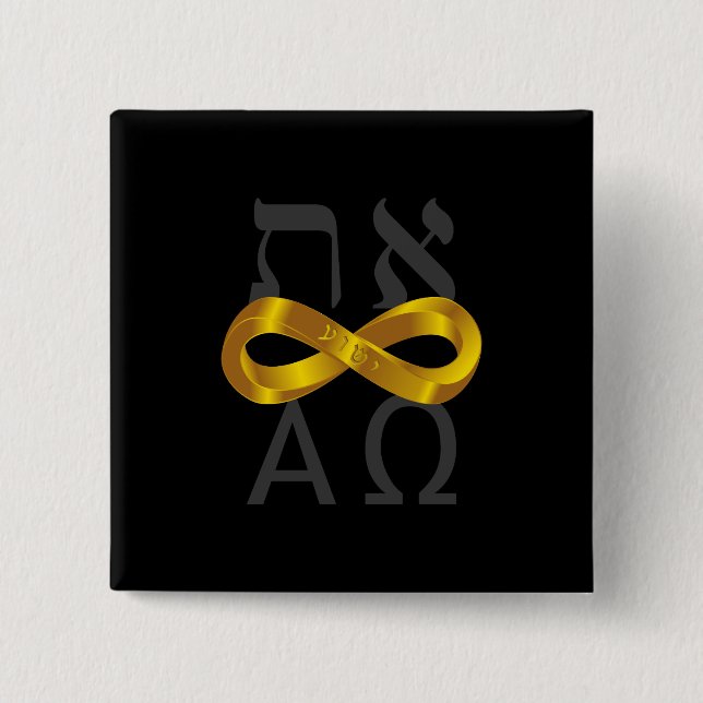 Bóton Quadrado 5.08cm Símbolo Dourado da infinidade. Aleph Tav - alfa e (Frente)