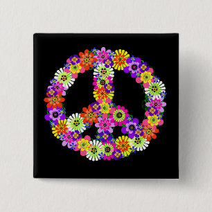 Bóton Quadrado 5.08cm Sinal de Paz Floral em Preto