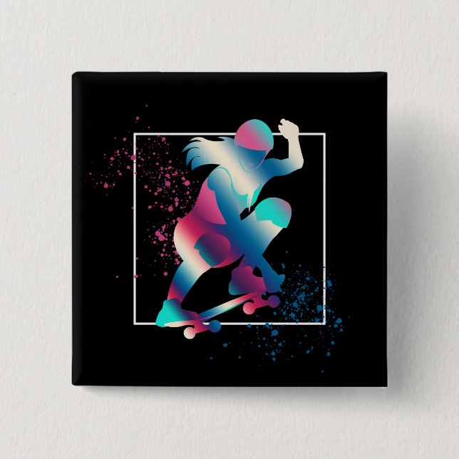 Bóton Quadrado 5.08cm Skateboarder fêmea (Frente)
