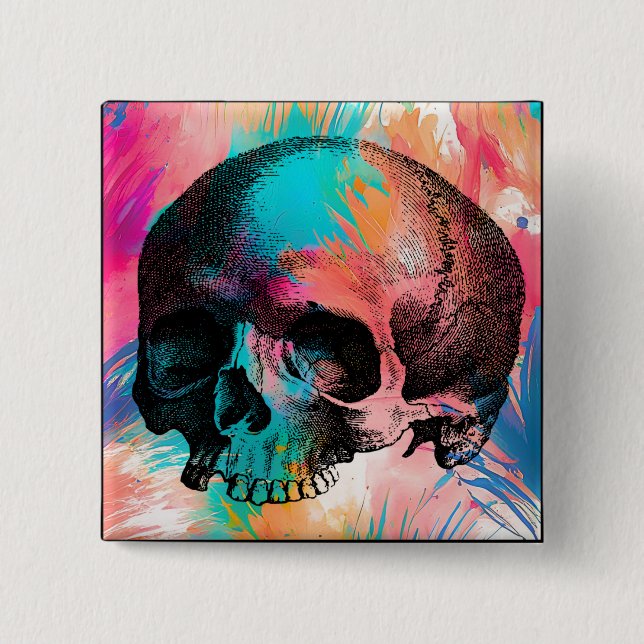 Bóton Quadrado 5.08cm Skull Sketch Com Fundo Colorido (Frente)