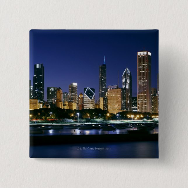 Bóton Quadrado 5.08cm Skyline Centro Chicago à noite (Frente)