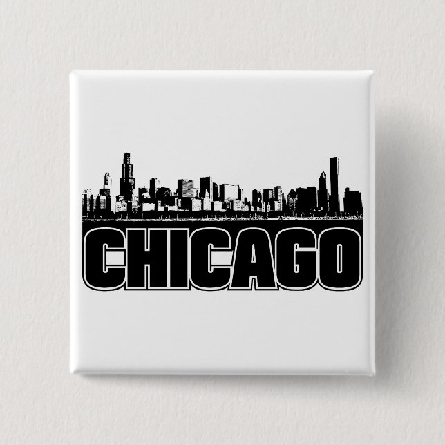 Bóton Quadrado 5.08cm Skyline de Chicago (Frente)