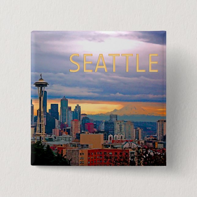 Bóton Quadrado 5.08cm Skyline de Seattle Washington no TEXTO SEATTLE do (Frente)