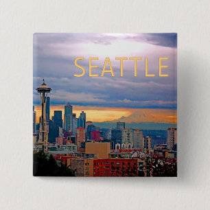 Bóton Quadrado 5.08cm Skyline de Seattle Washington no TEXTO SEATTLE do