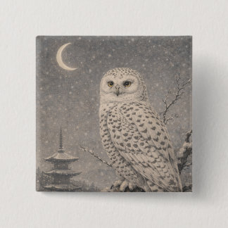 Bóton Quadrado 5.08cm Snowy Owl Pin Badge, Japanese Moon Pagoda Wildlife