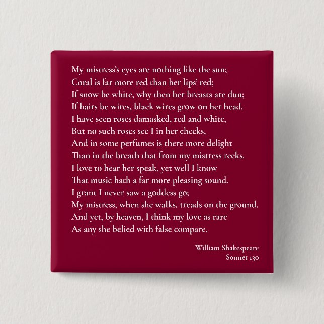 Bóton Quadrado 5.08cm Sonnet 130 Os olhos da minha amante não são nada (Frente)
