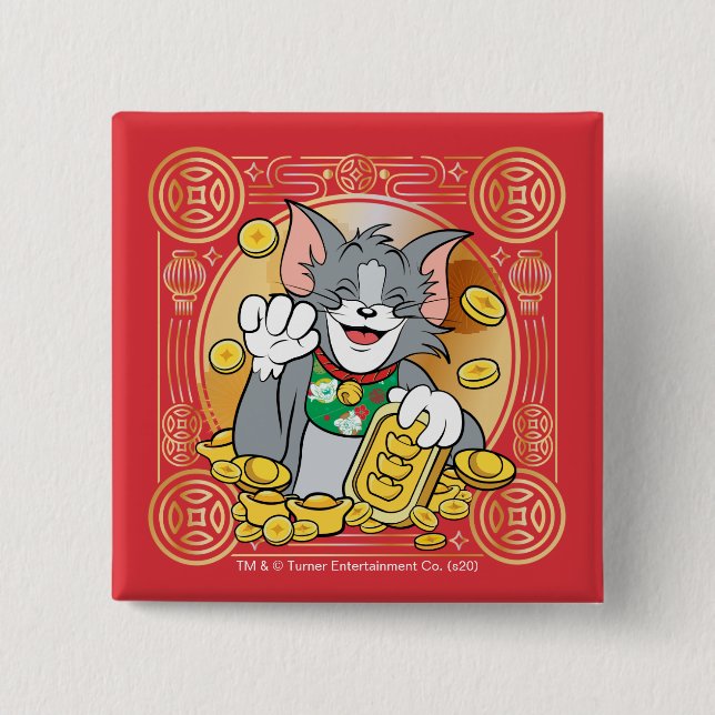 Bóton Quadrado 5.08cm Sortudo Gato Jerry Com Sinais Dourados (Frente)