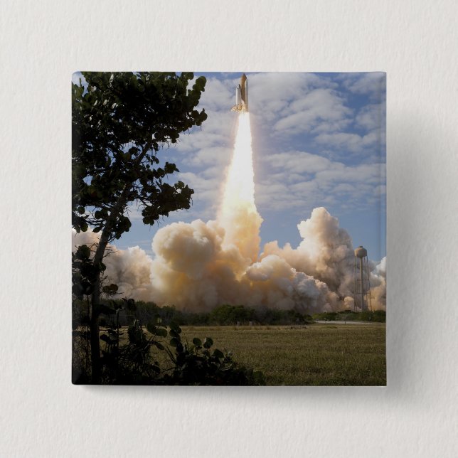 Bóton Quadrado 5.08cm Space Shuttle Atlantis levanta em 19 (Frente)