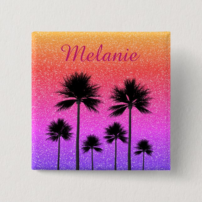 Bóton Quadrado 5.08cm Sparkly Palm Trees Gradient Sunset Personalised (Frente)