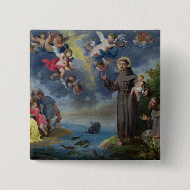 Bóton Quadrado 5.08cm St Anthony de Pádua que Preaching aos peixes (Frente)