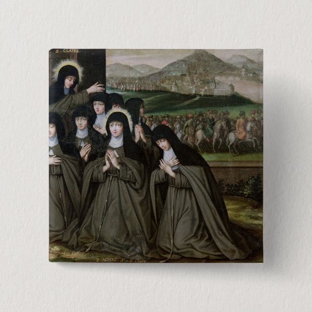 Bóton Quadrado 5.08cm St. Claire com suas irmã, Agnes e freiras (Frente)