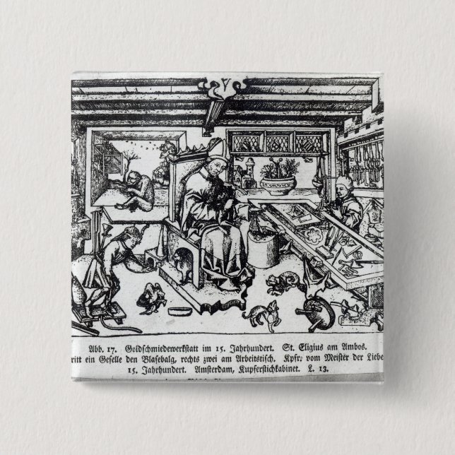 Bóton Quadrado 5.08cm St. Eligius como uns ourives em sua oficina (Frente)