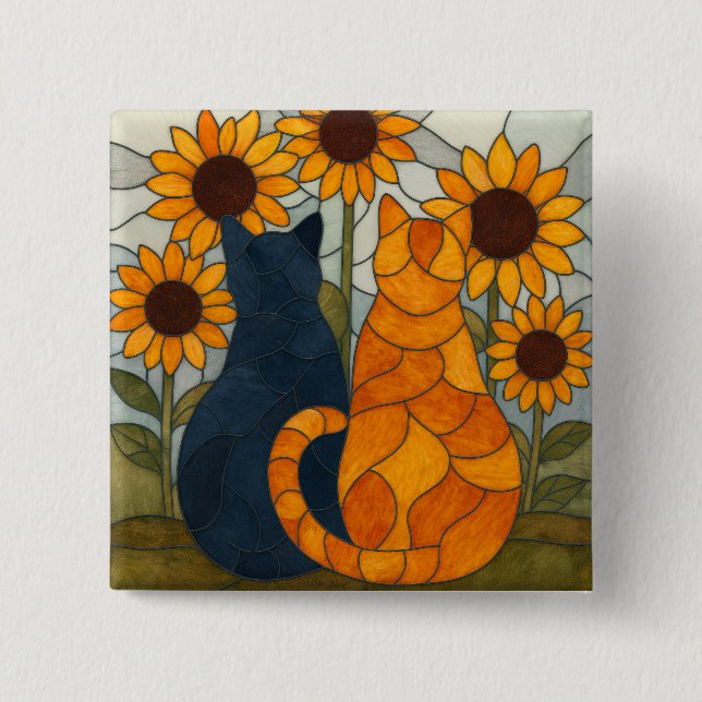 Bóton Quadrado 5.08cm Stained Glass Cats and Sunflowers Art Design (Frente)