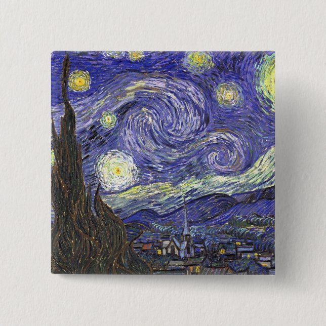 Bóton Quadrado 5.08cm Starry Night por Van Gogh (Frente)