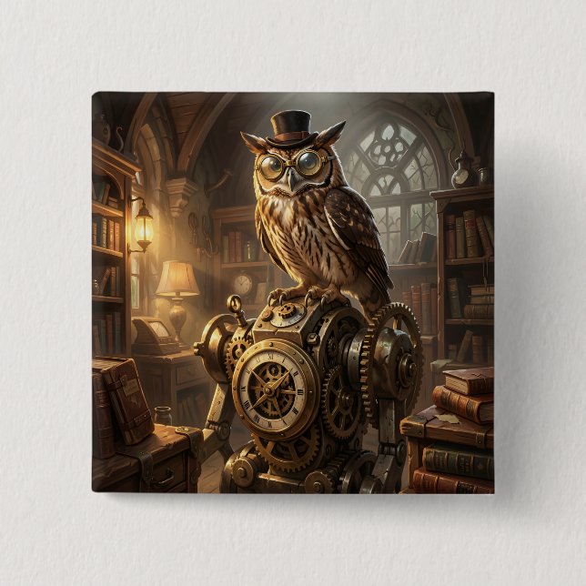 Bóton Quadrado 5.08cm steampunk owl clockwork art button (Frente)