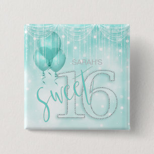 Bóton Quadrado 5.08cm String Lights & Balloons Sweet 16 Teal ID473