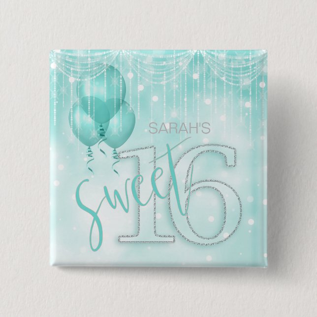 Bóton Quadrado 5.08cm String Lights & Balloons Sweet 16 Teal ID473 (Frente)