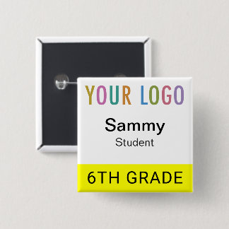 Bóton Quadrado 5.08cm Student Name Tag Button with School Logo Yellow