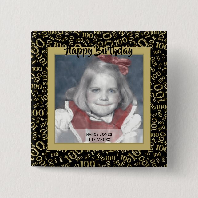 Bóton Quadrado 5.08cm Sua Foto:  Padrão numérico 100º Dourado e preto (Frente)