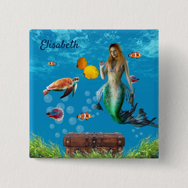 Bóton Quadrado 5.08cm Submarino Sereia Treasure Hunt Fantasy Blue (Frente)