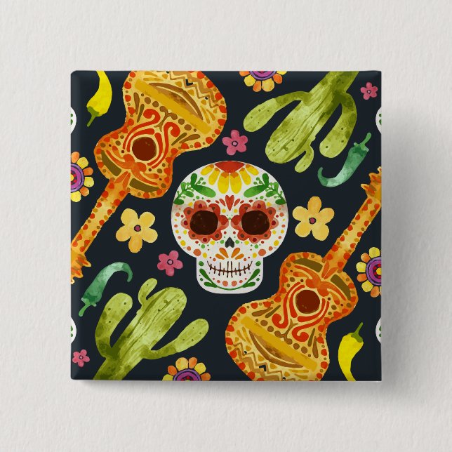 Bóton Quadrado 5.08cm Sugar Skull e Guitars Dia de Muertos | Botao (Frente)
